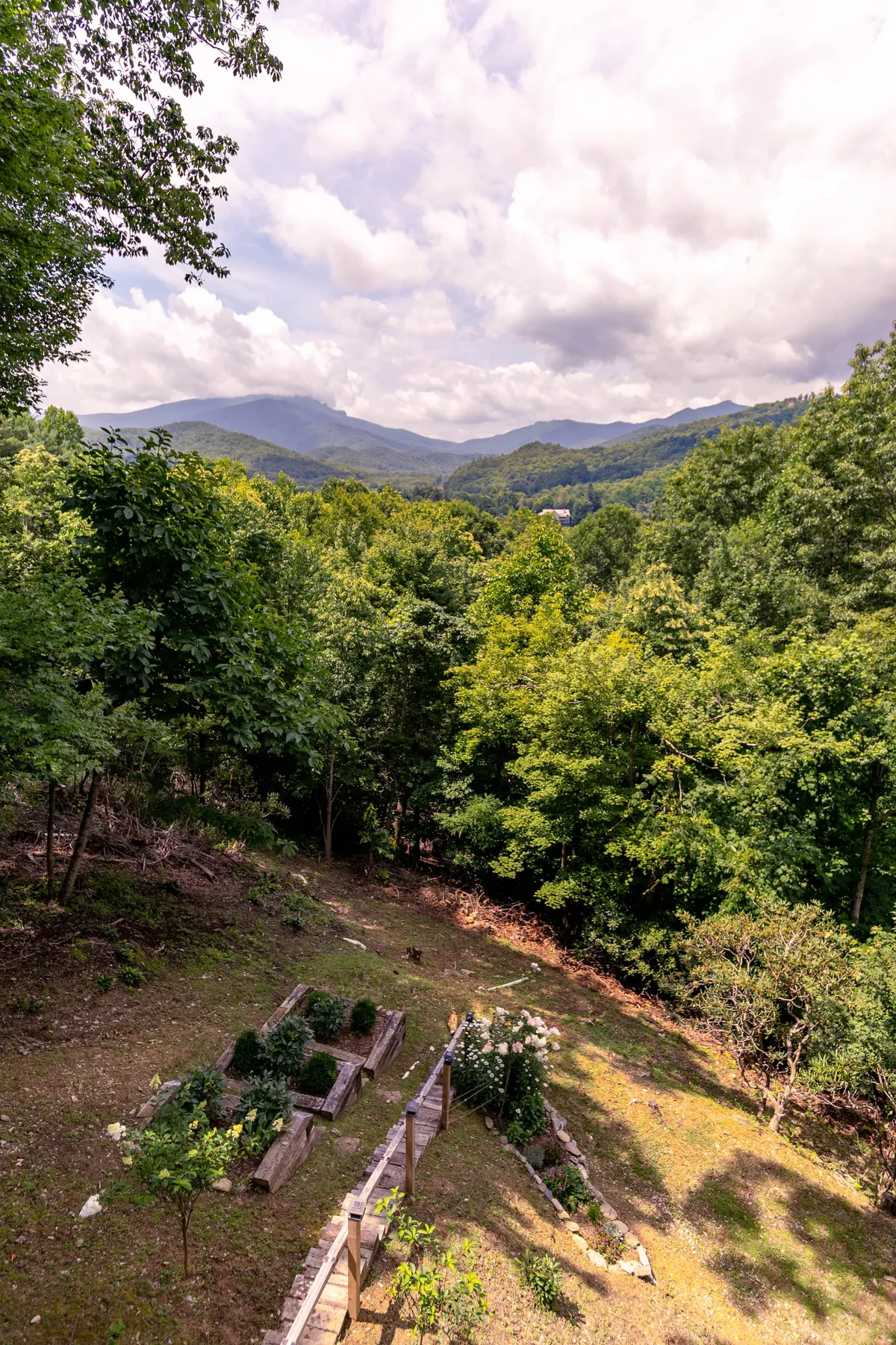 A panoramic view of a mountain range bordered by lush greenery, a flower garden, and a wooden pathway leading into the landscape. The scene invites thoughts of hiking, nature walks, and exploring the scenic wonders of the Blue Ridge area.